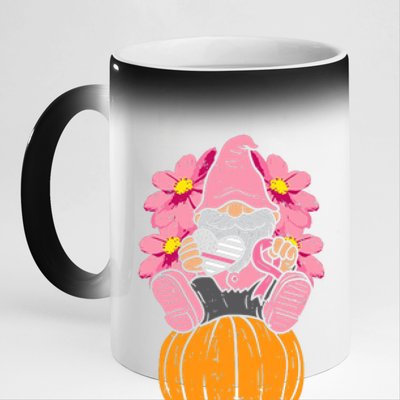 Gnome On Pumpkin Pink Ribbon Breast Cancer Halloween Gift 11oz Black Color Changing Mug