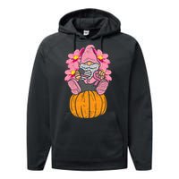 Gnome On Pumpkin Pink Ribbon Breast Cancer Halloween Gift Performance Fleece Hoodie