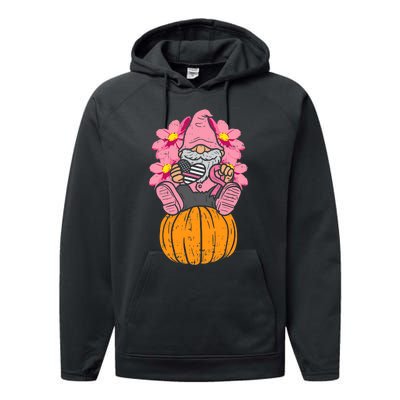 Gnome On Pumpkin Pink Ribbon Breast Cancer Halloween Gift Performance Fleece Hoodie