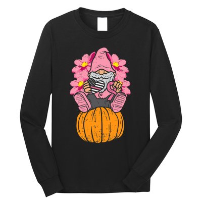 Gnome On Pumpkin Pink Ribbon Breast Cancer Halloween Gift Long Sleeve Shirt