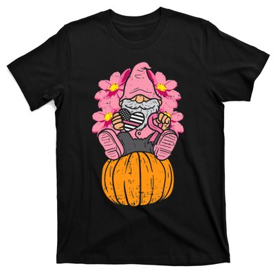 Gnome On Pumpkin Pink Ribbon Breast Cancer Halloween Gift T-Shirt