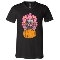 Gnome On Pumpkin Pink Ribbon Breast Cancer Halloween Gift V-Neck T-Shirt