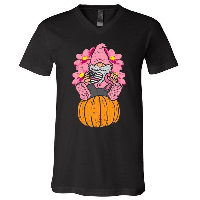 Gnome On Pumpkin Pink Ribbon Breast Cancer Halloween Gift V-Neck T-Shirt