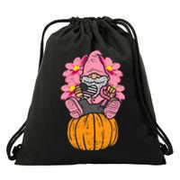 Gnome On Pumpkin Pink Ribbon Breast Cancer Halloween Gift Drawstring Bag