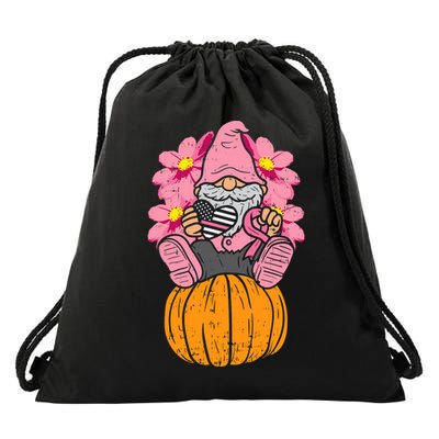 Gnome On Pumpkin Pink Ribbon Breast Cancer Halloween Gift Drawstring Bag