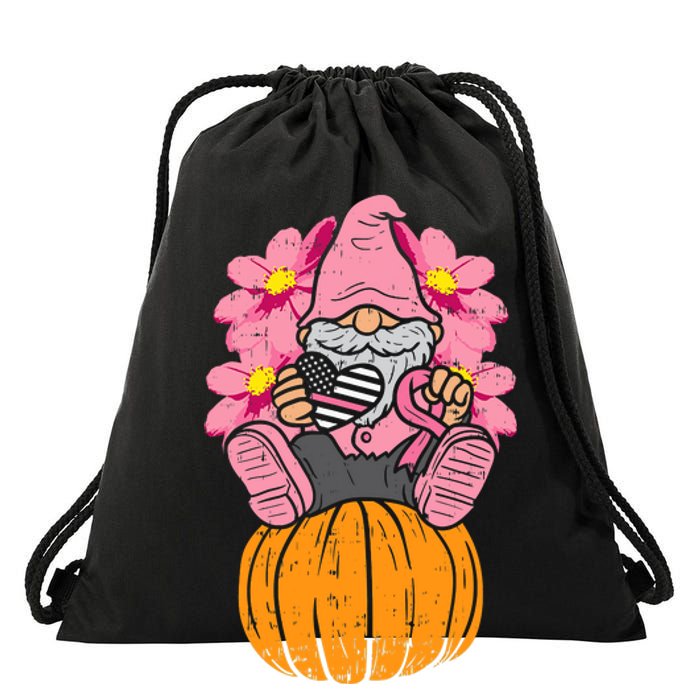 Gnome On Pumpkin Pink Ribbon Breast Cancer Halloween Gift Drawstring Bag