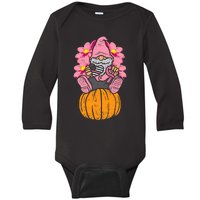 Gnome On Pumpkin Pink Ribbon Breast Cancer Halloween Gift Baby Long Sleeve Bodysuit