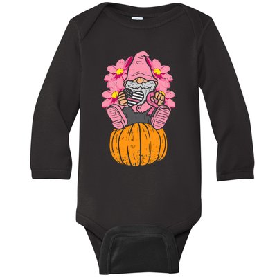 Gnome On Pumpkin Pink Ribbon Breast Cancer Halloween Gift Baby Long Sleeve Bodysuit