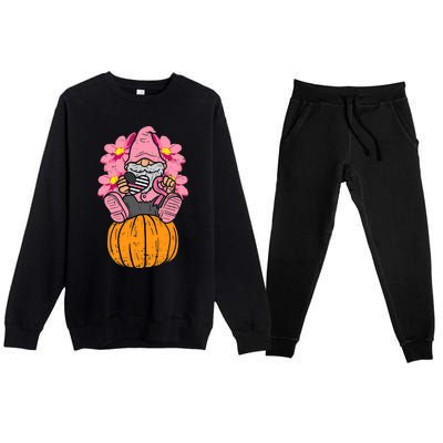 Gnome On Pumpkin Pink Ribbon Breast Cancer Halloween Gift Premium Crewneck Sweatsuit Set