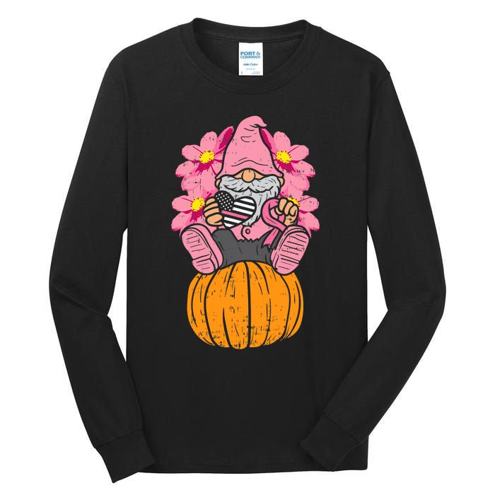 Gnome On Pumpkin Pink Ribbon Breast Cancer Halloween Gift Tall Long Sleeve T-Shirt