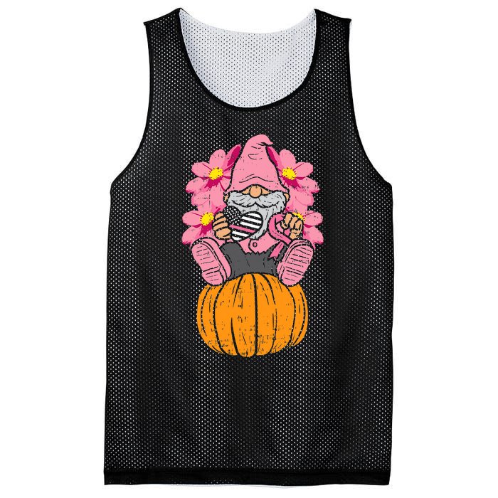 Gnome On Pumpkin Pink Ribbon Breast Cancer Halloween Gift Mesh Reversible Basketball Jersey Tank