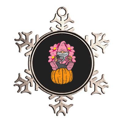 Gnome On Pumpkin Pink Ribbon Breast Cancer Halloween Gift Metallic Star Ornament