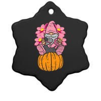 Gnome On Pumpkin Pink Ribbon Breast Cancer Halloween Gift Ceramic Star Ornament