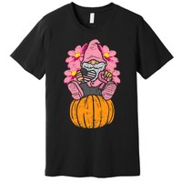 Gnome On Pumpkin Pink Ribbon Breast Cancer Halloween Gift Premium T-Shirt