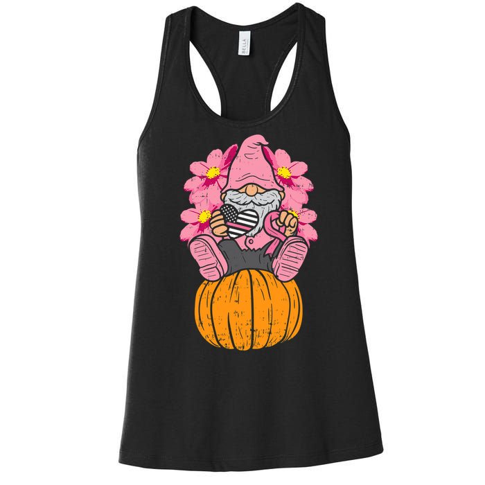 Gnome On Pumpkin Pink Ribbon Breast Cancer Halloween Gift Women's Racerback Tank