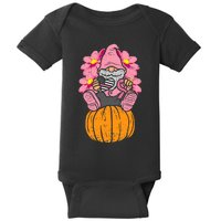 Gnome On Pumpkin Pink Ribbon Breast Cancer Halloween Gift Baby Bodysuit