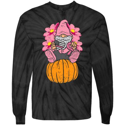 Gnome On Pumpkin Pink Ribbon Breast Cancer Halloween Gift Tie-Dye Long Sleeve Shirt