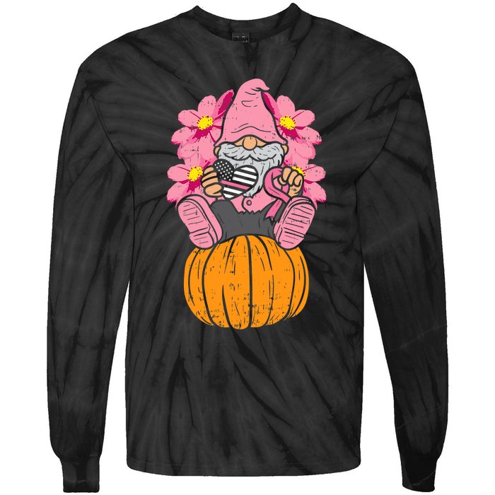 Gnome On Pumpkin Pink Ribbon Breast Cancer Halloween Gift Tie-Dye Long Sleeve Shirt