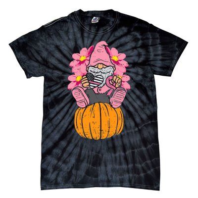 Gnome On Pumpkin Pink Ribbon Breast Cancer Halloween Gift Tie-Dye T-Shirt