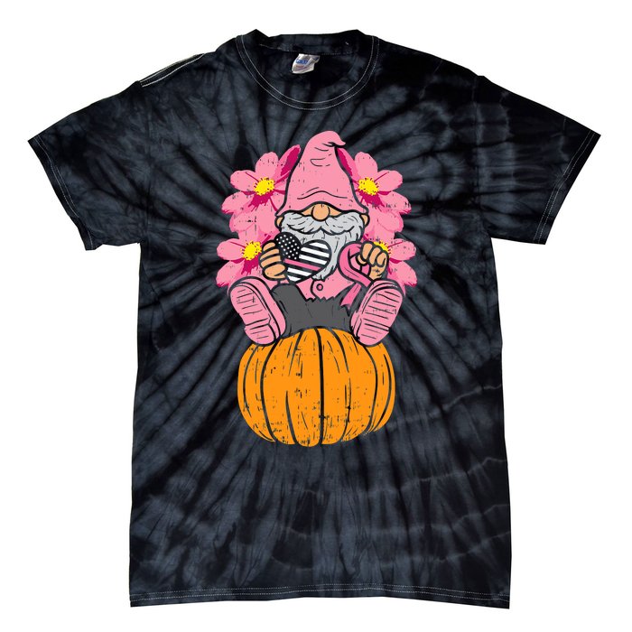 Gnome On Pumpkin Pink Ribbon Breast Cancer Halloween Gift Tie-Dye T-Shirt