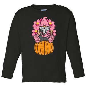 Gnome On Pumpkin Pink Ribbon Breast Cancer Halloween Gift Toddler Long Sleeve Shirt