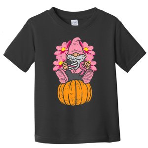 Gnome On Pumpkin Pink Ribbon Breast Cancer Halloween Gift Toddler T-Shirt