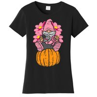 Gnome On Pumpkin Pink Ribbon Breast Cancer Halloween Gift Women's T-Shirt