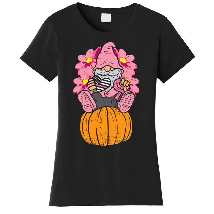 Gnome On Pumpkin Pink Ribbon Breast Cancer Halloween Gift Women's T-Shirt