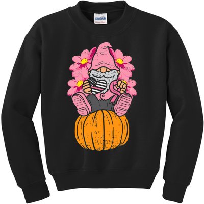 Gnome On Pumpkin Pink Ribbon Breast Cancer Halloween Gift Kids Sweatshirt