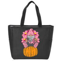 Gnome On Pumpkin Pink Ribbon Breast Cancer Halloween Gift Zip Tote Bag