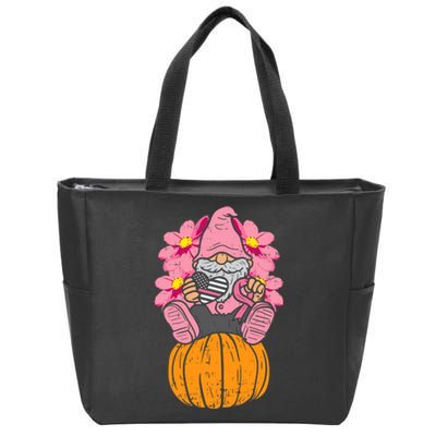 Gnome On Pumpkin Pink Ribbon Breast Cancer Halloween Gift Zip Tote Bag