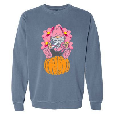 Gnome On Pumpkin Pink Ribbon Breast Cancer Halloween Gift Garment-Dyed Sweatshirt