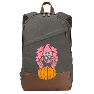 Gnome On Pumpkin Pink Ribbon Breast Cancer Halloween Gift Cotton Canvas Backpack