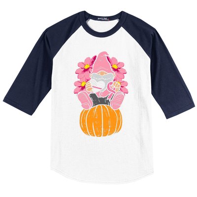 Gnome On Pumpkin Pink Ribbon Breast Cancer Halloween Gift Baseball Sleeve Shirt