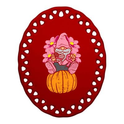 Gnome On Pumpkin Pink Ribbon Breast Cancer Halloween Gift Ceramic Oval Ornament