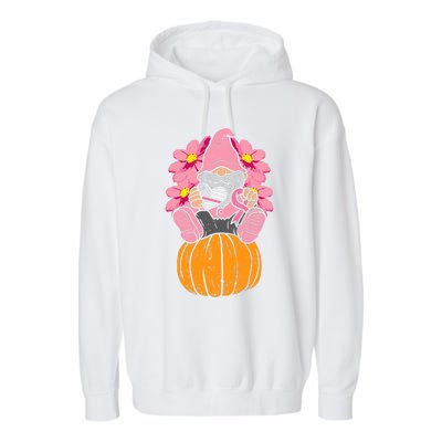 Gnome On Pumpkin Pink Ribbon Breast Cancer Halloween Gift Garment-Dyed Fleece Hoodie