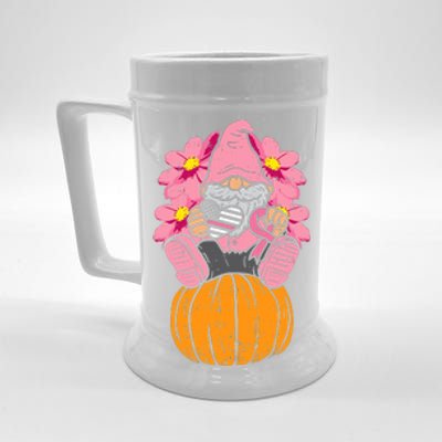 Gnome On Pumpkin Pink Ribbon Breast Cancer Halloween Gift Beer Stein