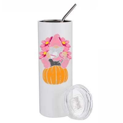 Gnome On Pumpkin Pink Ribbon Breast Cancer Halloween Gift Stainless Steel Tumbler