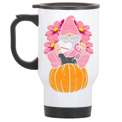 Gnome On Pumpkin Pink Ribbon Breast Cancer Halloween Gift Stainless Steel Travel Mug