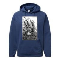 Giant Octopus Pirate Ship Vintage Kraken Sailing Squid Performance Fleece Hoodie