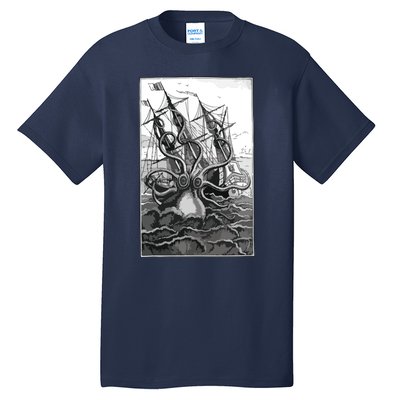 Giant Octopus Pirate Ship Vintage Kraken Sailing Squid Tall T-Shirt