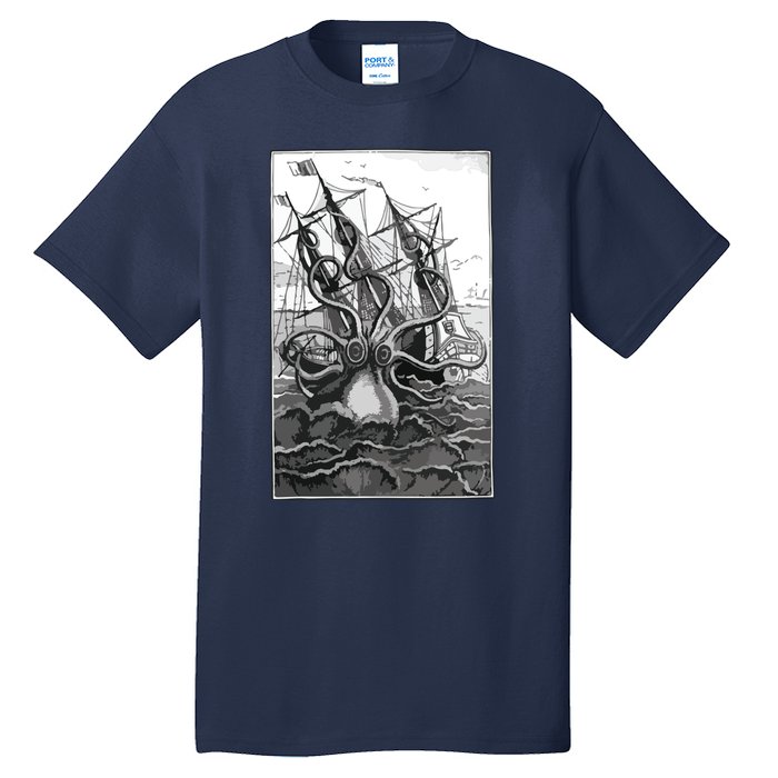 Giant Octopus Pirate Ship Vintage Kraken Sailing Squid Tall T-Shirt