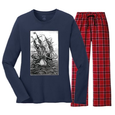 Giant Octopus Pirate Ship Vintage Kraken Sailing Squid Women's Long Sleeve Flannel Pajama Set 