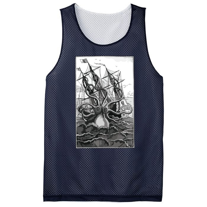 Giant Octopus Pirate Ship Vintage Kraken Sailing Squid Mesh Reversible Basketball Jersey Tank