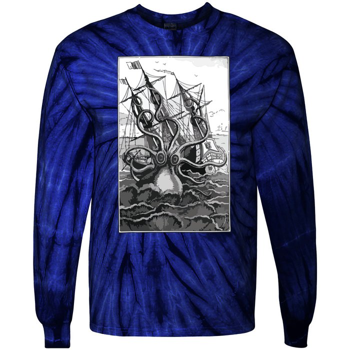 Giant Octopus Pirate Ship Vintage Kraken Sailing Squid Tie-Dye Long Sleeve Shirt