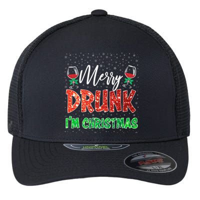 Glass Of Red Wine Merry Drunk I'm Christmas Funny Xmas Gift Flexfit Unipanel Trucker Cap