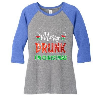 Glass Of Red Wine Merry Drunk I'm Christmas Funny Xmas Gift Women's Tri-Blend 3/4-Sleeve Raglan Shirt