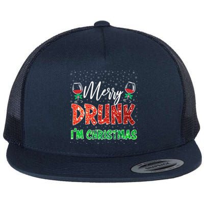 Glass Of Red Wine Merry Drunk I'm Christmas Funny Xmas Gift Flat Bill Trucker Hat