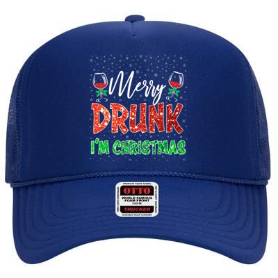 Glass Of Red Wine Merry Drunk I'm Christmas Funny Xmas Gift High Crown Mesh Back Trucker Hat