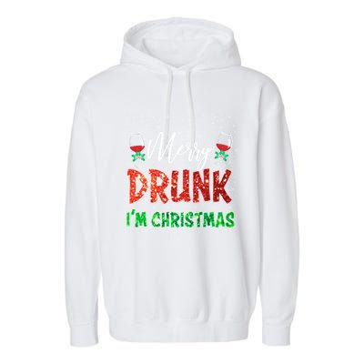 Glass Of Red Wine Merry Drunk I'm Christmas Funny Xmas Gift Garment-Dyed Fleece Hoodie